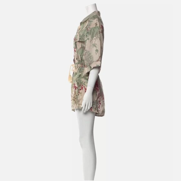Zimmermann Aliane Floral Romper Womens 1 Small Green Short Sleeve Linen Belted - Picture 2 of 13